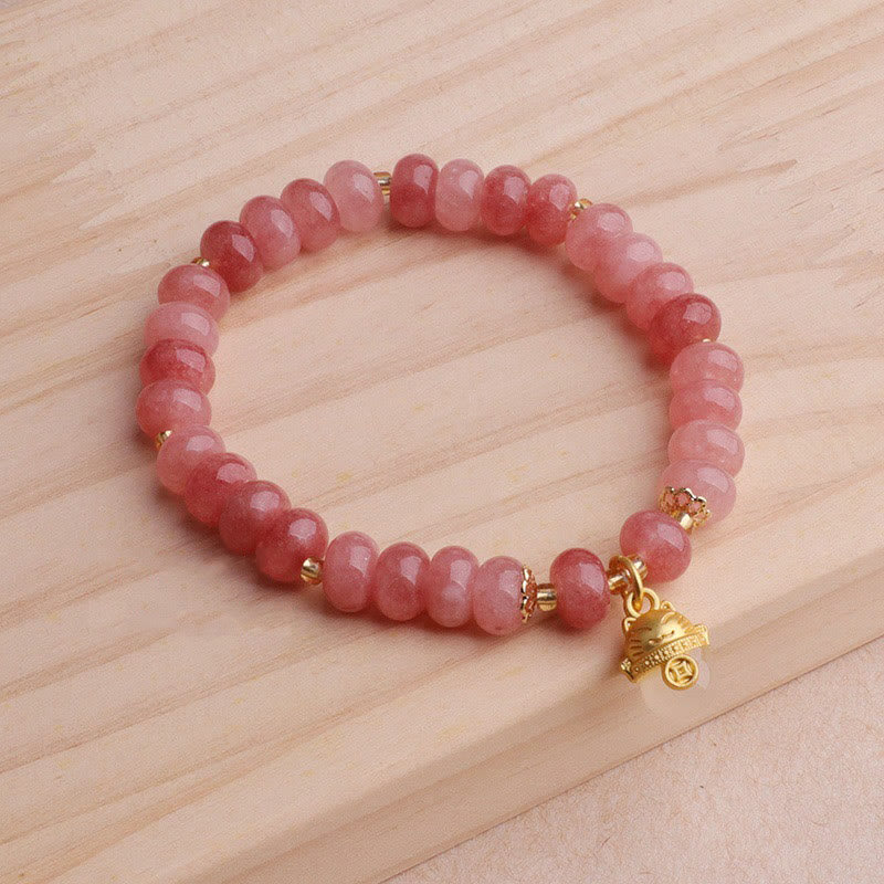 Strawberry Quartz & Cyan Jade Copper Lucky Cat Beaded Bracelet