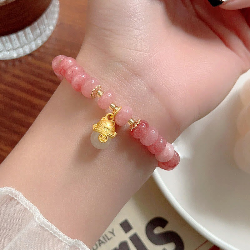 Strawberry Quartz & Cyan Jade Copper Lucky Cat Beaded Bracelet
