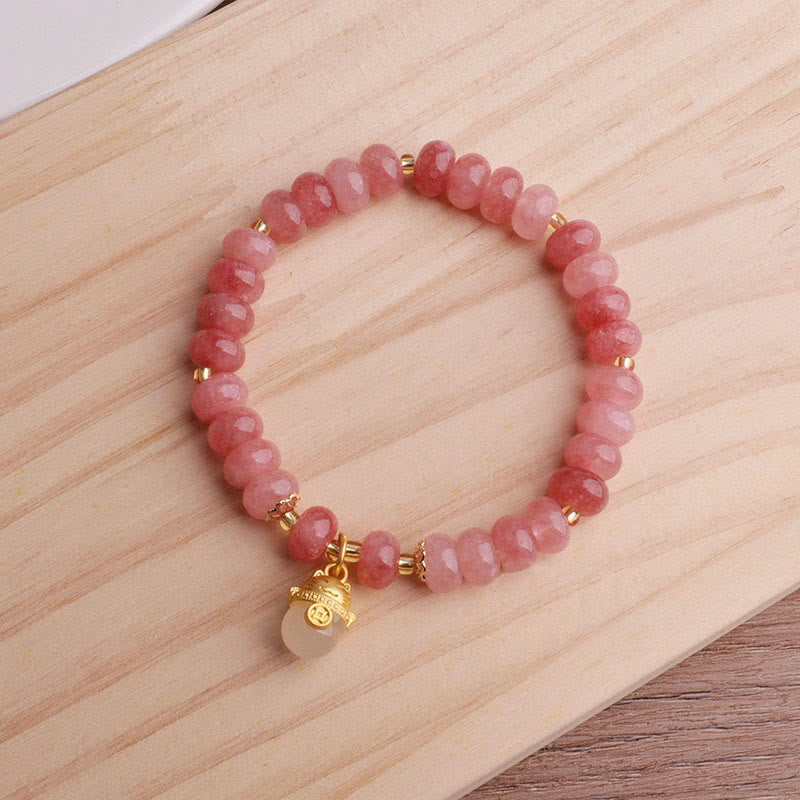 Strawberry Quartz & Cyan Jade Copper Lucky Cat Beaded Bracelet
