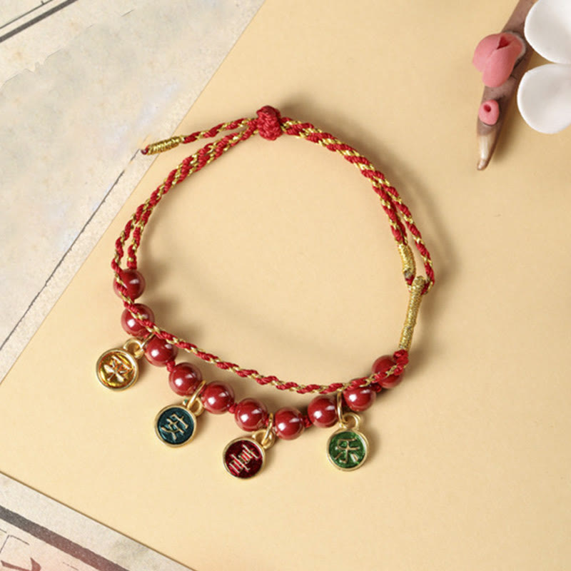 Braided Red String Bracelet with Cinnabar and Copper Accents - Adjustable Energy Anchor