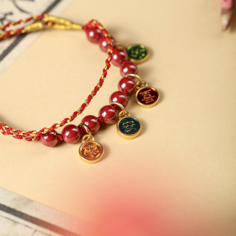 Braided Red String Bracelet with Cinnabar and Copper Accents - Adjustable Energy Anchor