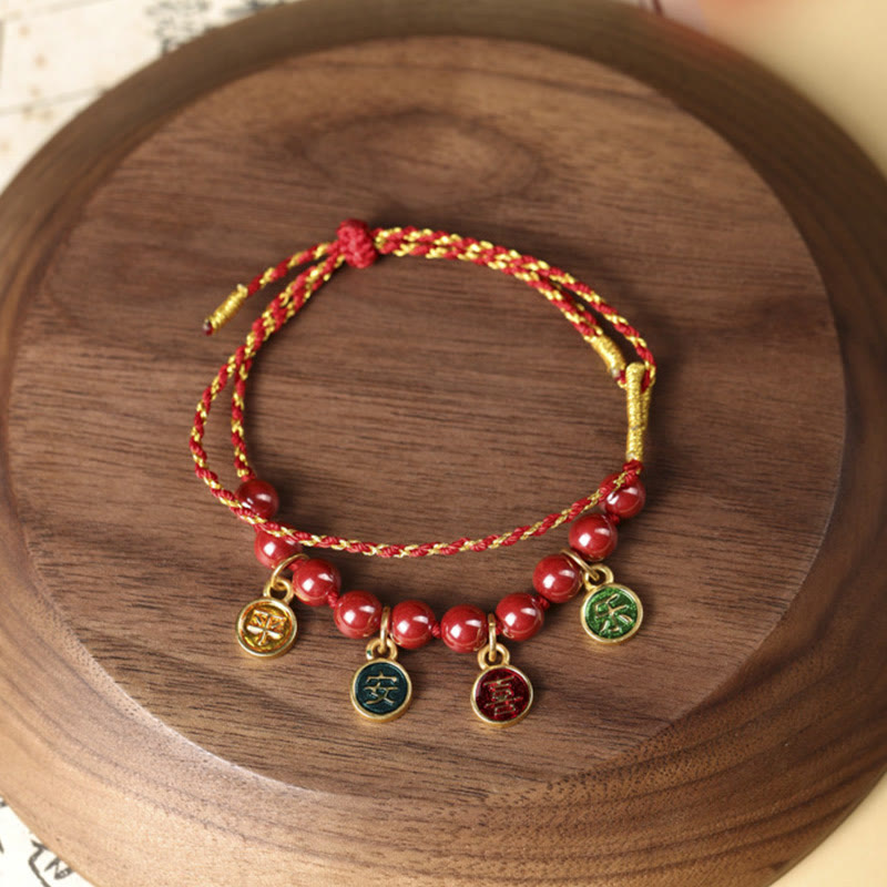 Braided Red String Bracelet with Cinnabar and Copper Accents - Adjustable Energy Anchor