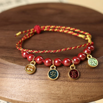 Braided Red String Bracelet with Cinnabar and Copper Accents - Adjustable Energy Anchor