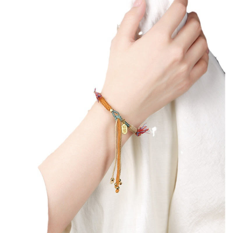 Hand-Woven Tibetan Red String Cotton Rope Fu Charm Bracelet with Tassels