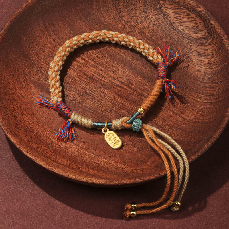Hand-Woven Tibetan Red String Cotton Rope Fu Charm Bracelet with Tassels