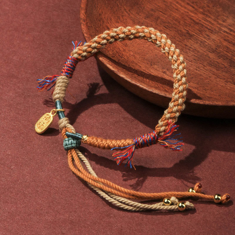 Hand-Woven Tibetan Red String Cotton Rope Fu Charm Bracelet with Tassels