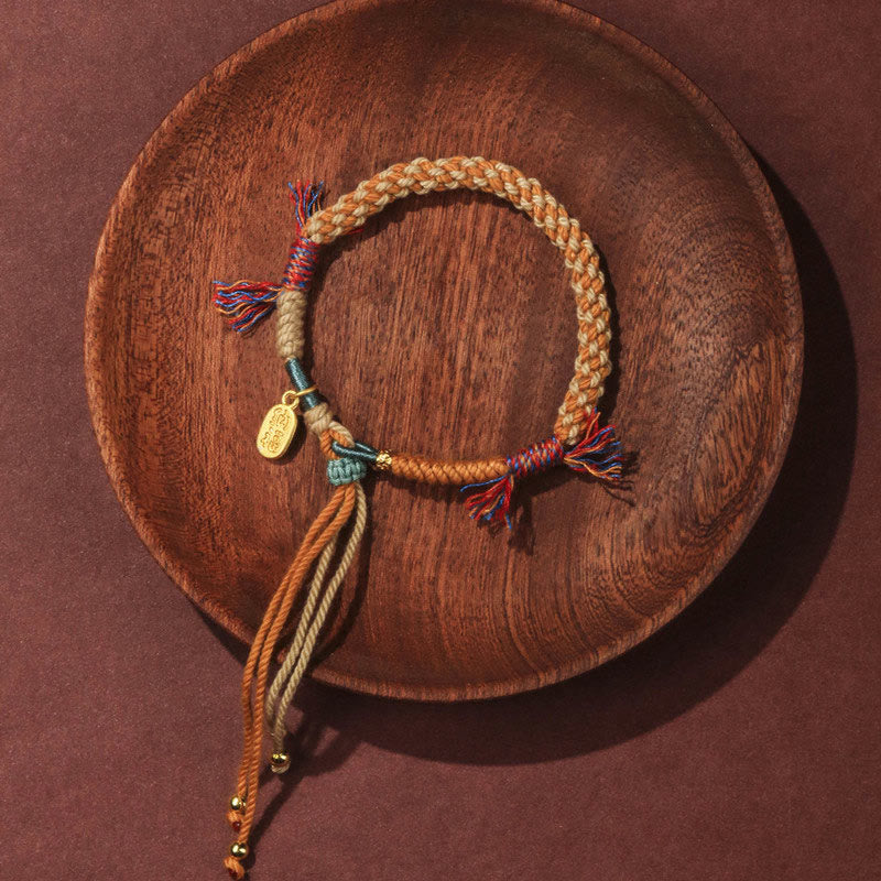 Hand-Woven Tibetan Red String Cotton Rope Fu Charm Bracelet with Tassels