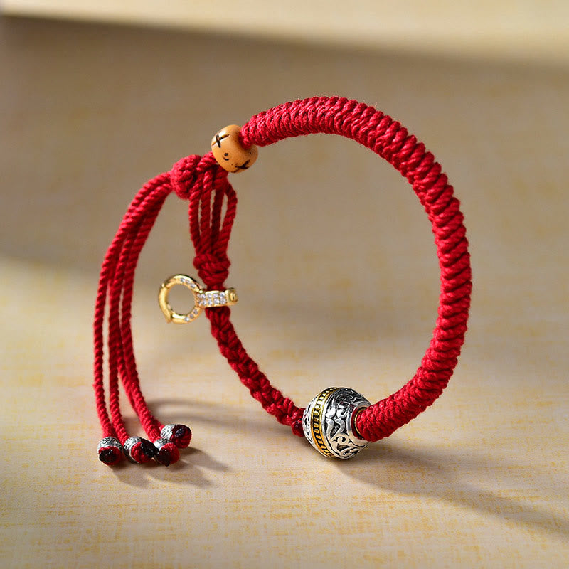 Tibetan Hand-Braided Red String Diamond Knot Bracelet with Copper Accents