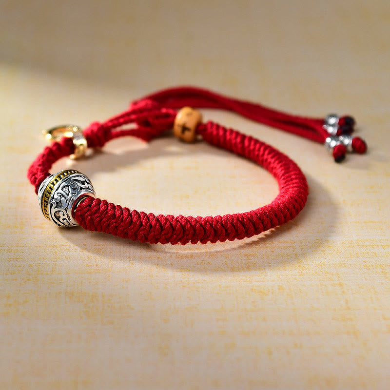 Tibetan Hand-Braided Red String Diamond Knot Bracelet with Copper Accents