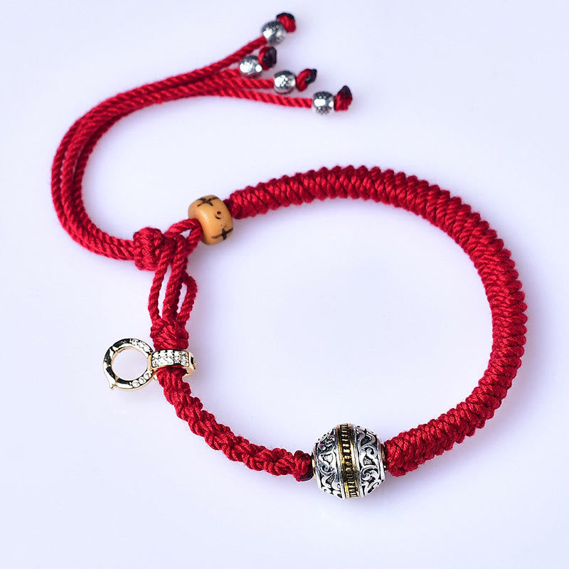 Tibetan Hand-Braided Red String Diamond Knot Bracelet with Copper Accents
