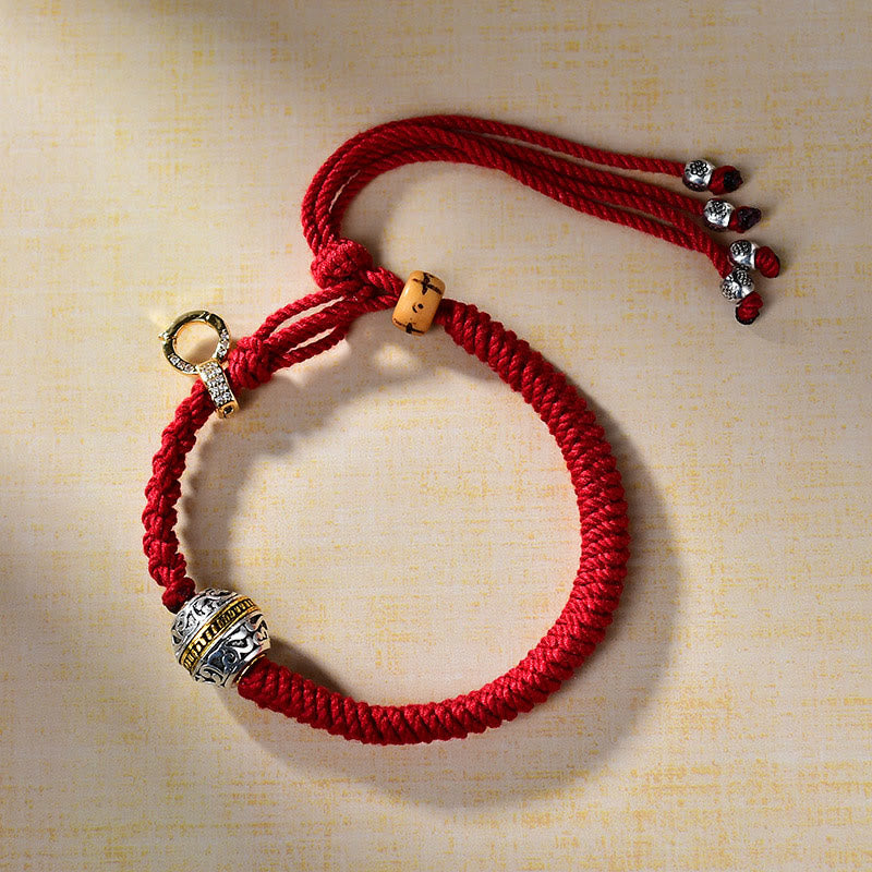 Tibetan Hand-Braided Red String Diamond Knot Bracelet with Copper Accents