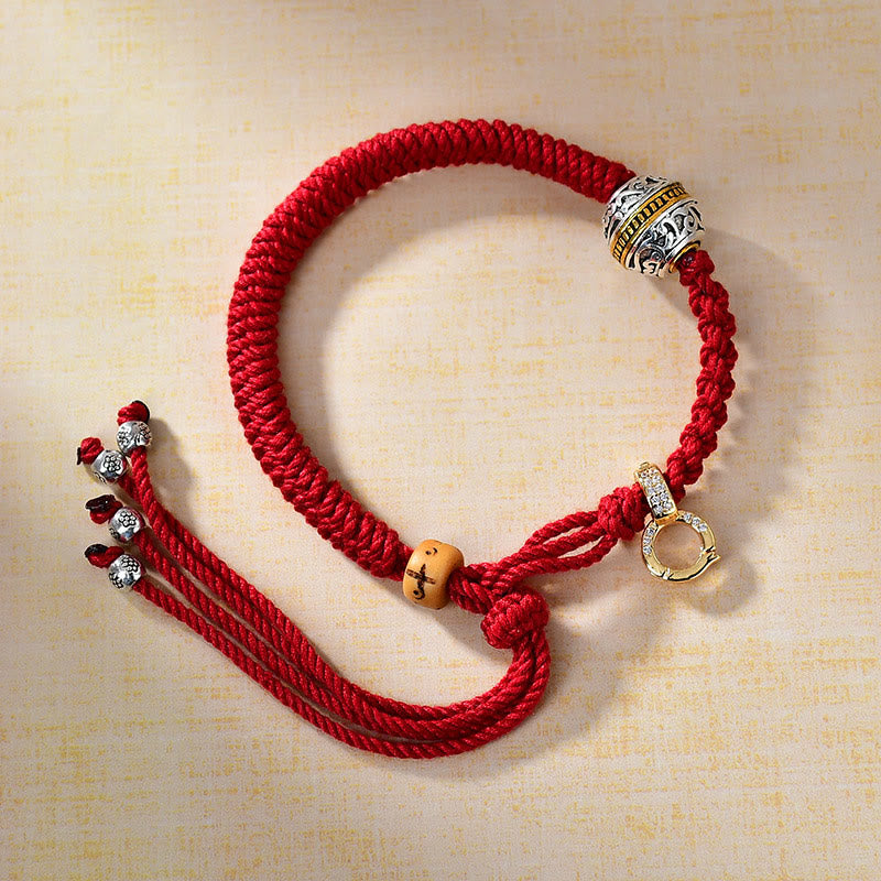 Tibetan Hand-Braided Red String Diamond Knot Bracelet with Copper Accents
