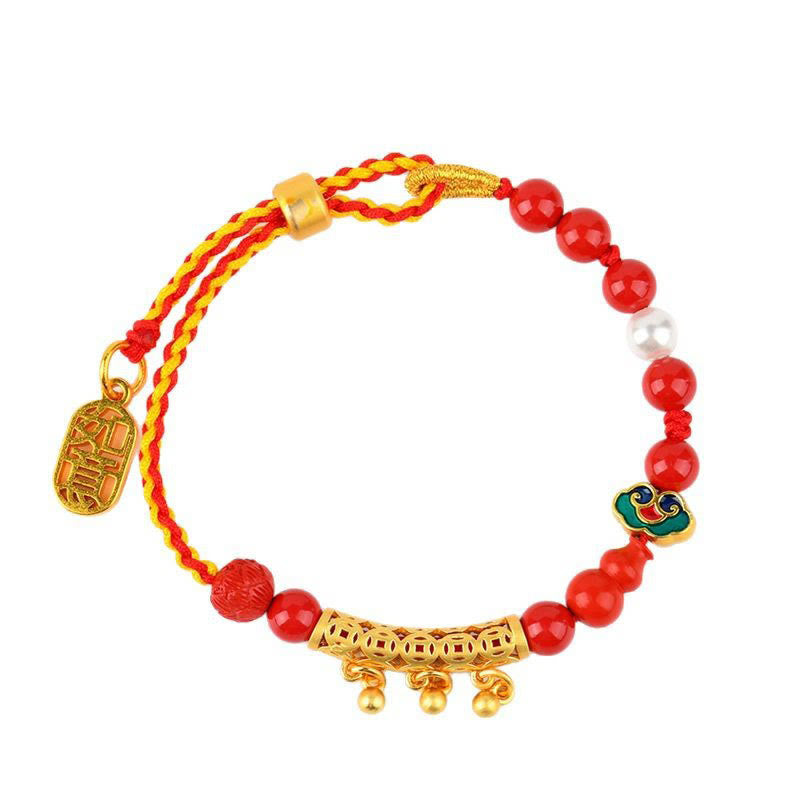 Cinnabar and Red String Braided Bracelet with Ritual Bell and Ruyi Charm