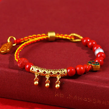 Cinnabar and Red String Braided Bracelet with Ritual Bell and Ruyi Charm