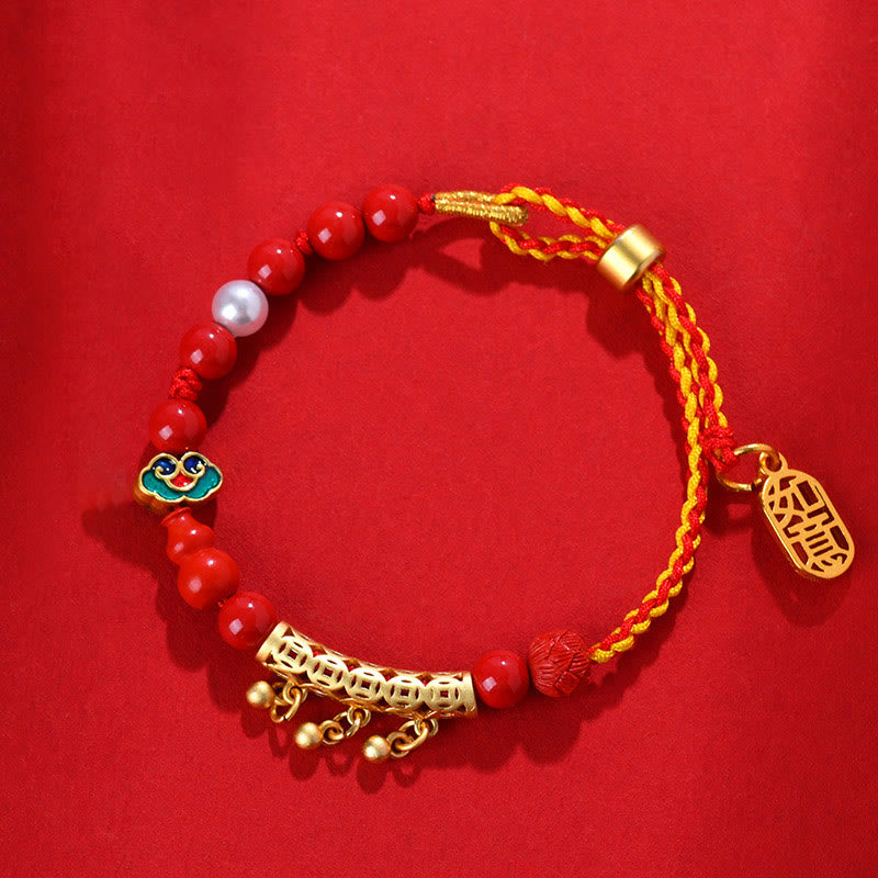Cinnabar and Red String Braided Bracelet with Ritual Bell and Ruyi Charm