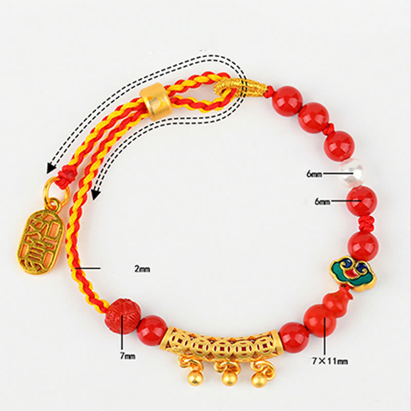 Cinnabar and Red String Braided Bracelet with Ritual Bell and Ruyi Charm