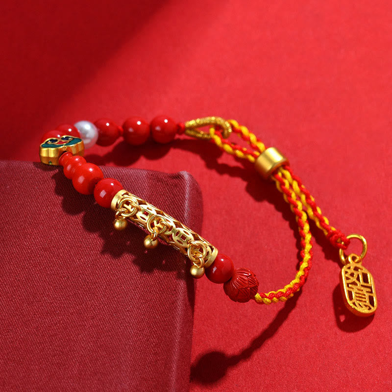Cinnabar and Red String Braided Bracelet with Ritual Bell and Ruyi Charm