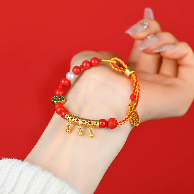 Cinnabar and Red String Braided Bracelet with Ritual Bell and Ruyi Charm