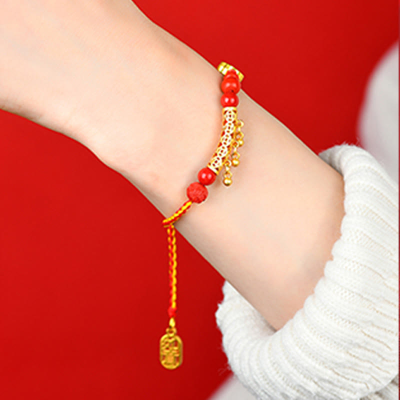 Cinnabar and Red String Braided Bracelet with Ritual Bell and Ruyi Charm