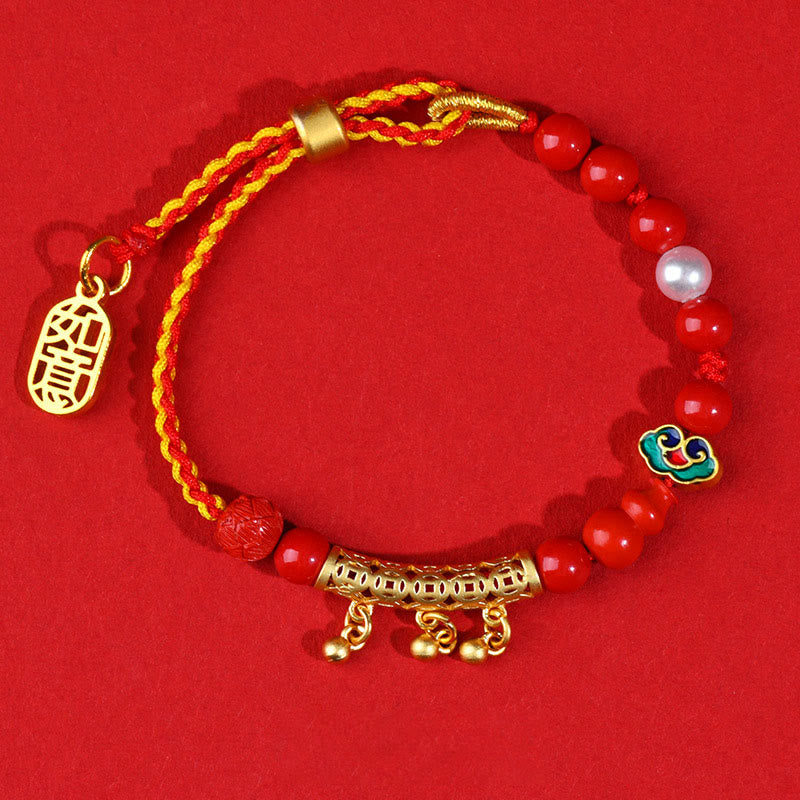 Cinnabar and Red String Braided Bracelet with Ritual Bell and Ruyi Charm
