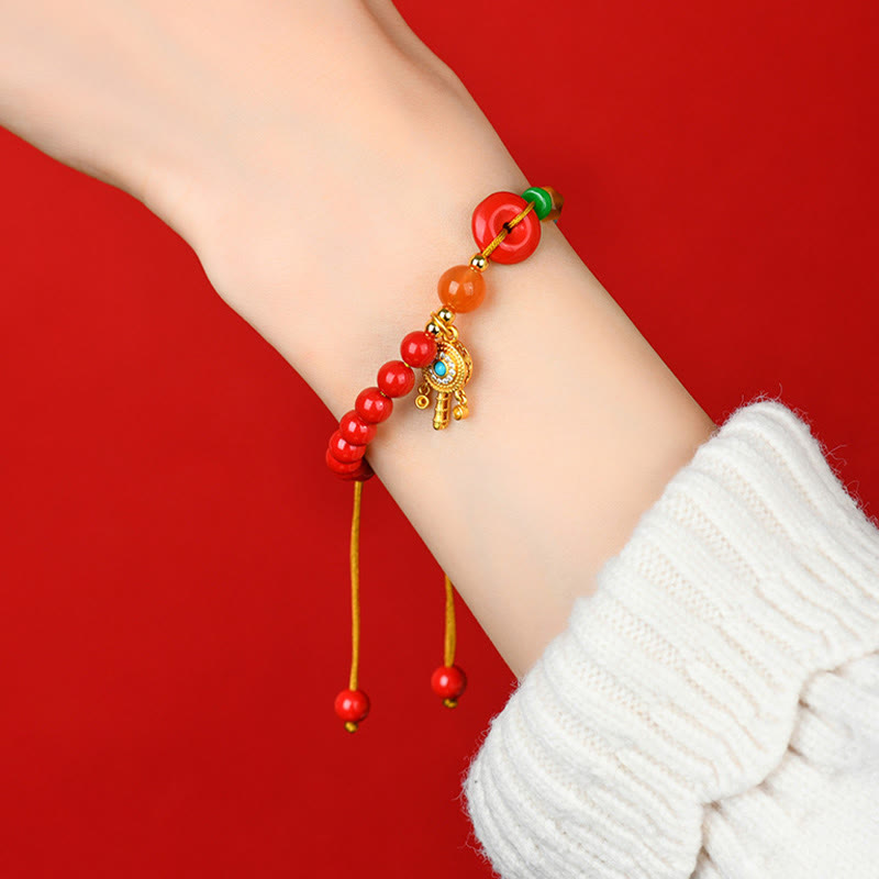 Cinnabar String Gold Ping An Kou Peace Buckle Bracelet with South Red Agate & Tiger Eye