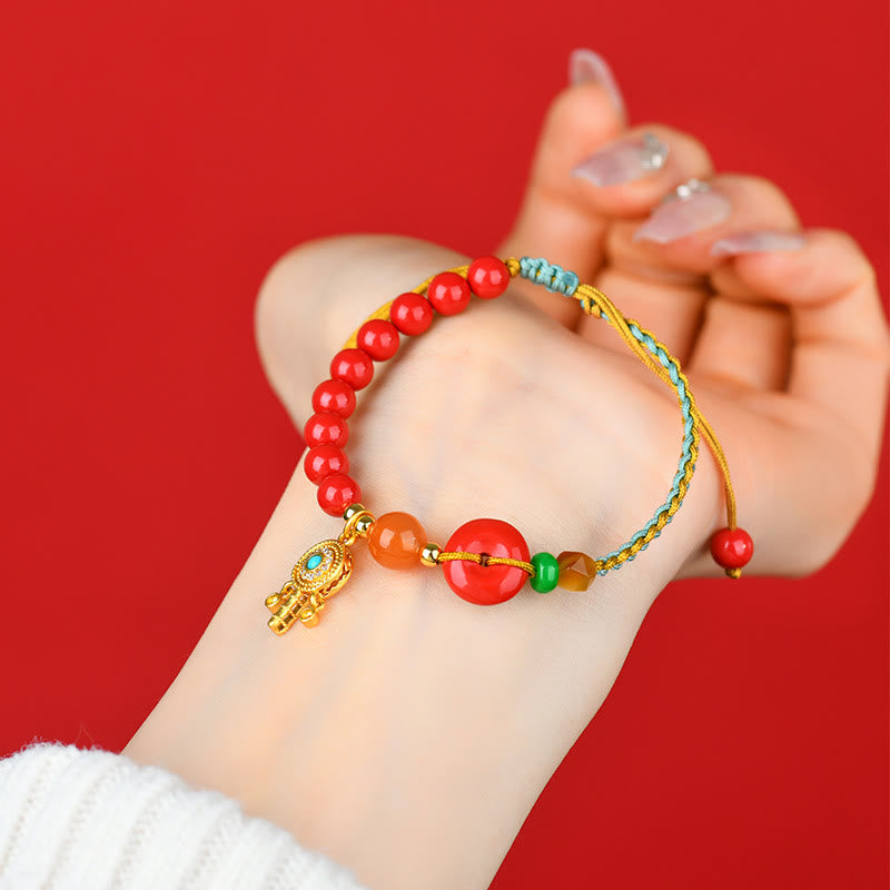 Cinnabar String Gold Ping An Kou Peace Buckle Bracelet with South Red Agate & Tiger Eye