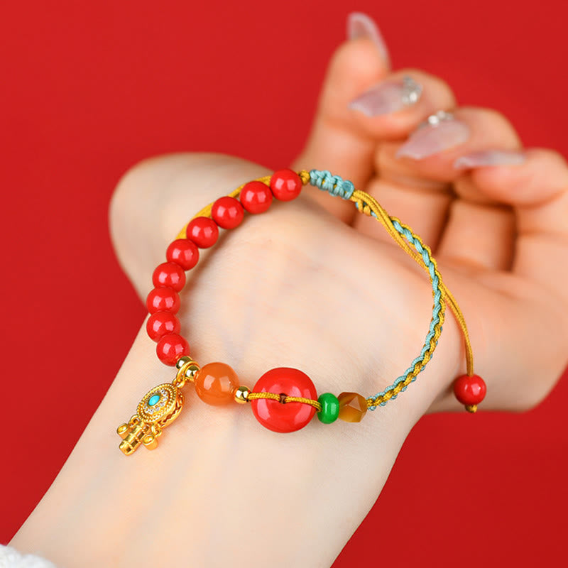 Cinnabar String Gold Ping An Kou Peace Buckle Bracelet with South Red Agate & Tiger Eye