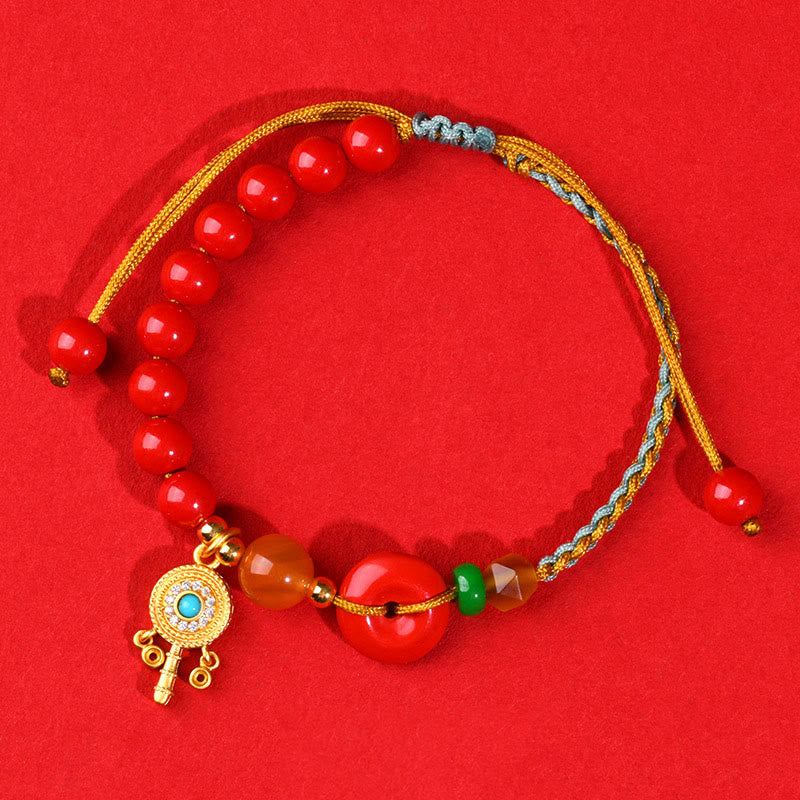 Cinnabar String Gold Ping An Kou Peace Buckle Bracelet with South Red Agate & Tiger Eye