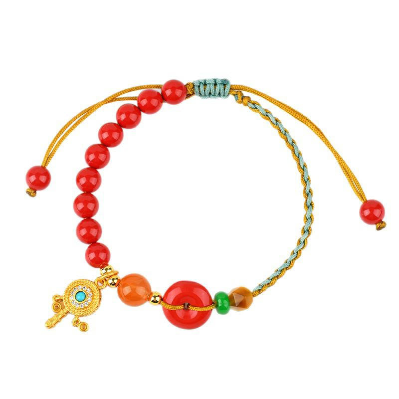 Cinnabar String Gold Ping An Kou Peace Buckle Bracelet with South Red Agate & Tiger Eye