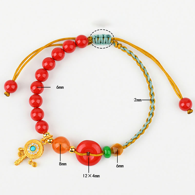 Cinnabar String Gold Ping An Kou Peace Buckle Bracelet with South Red Agate & Tiger Eye