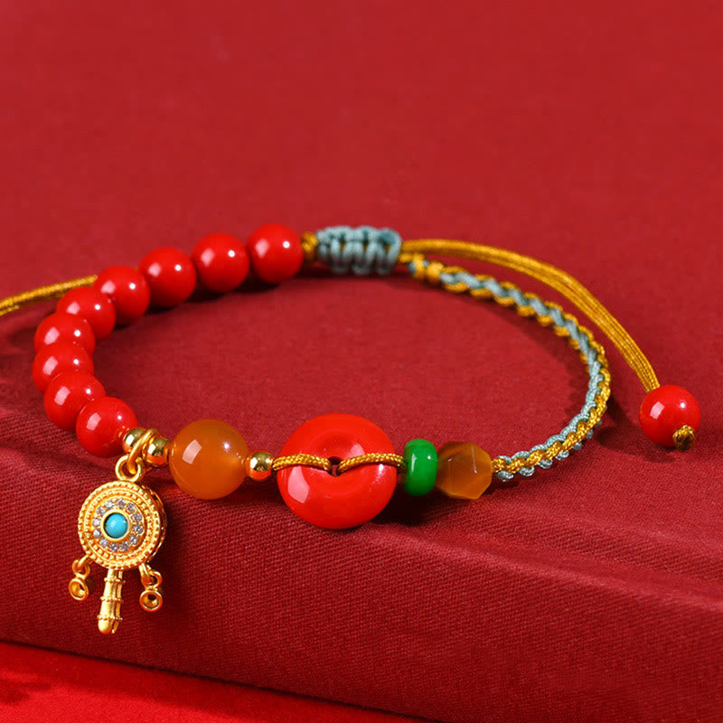 Cinnabar String Gold Ping An Kou Peace Buckle Bracelet with South Red Agate & Tiger Eye