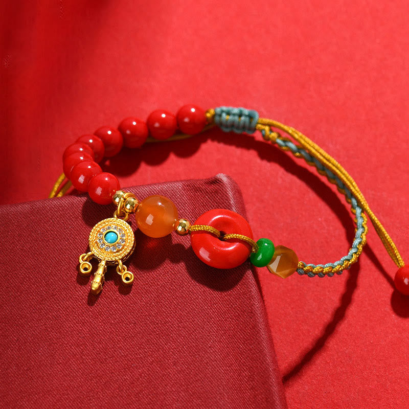 Cinnabar String Gold Ping An Kou Peace Buckle Bracelet with South Red Agate & Tiger Eye