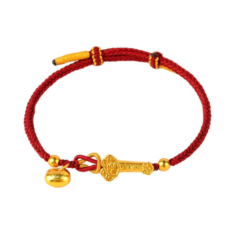 Gold Fu Sycee Ingot and Ruyi Braided Red String Bracelet