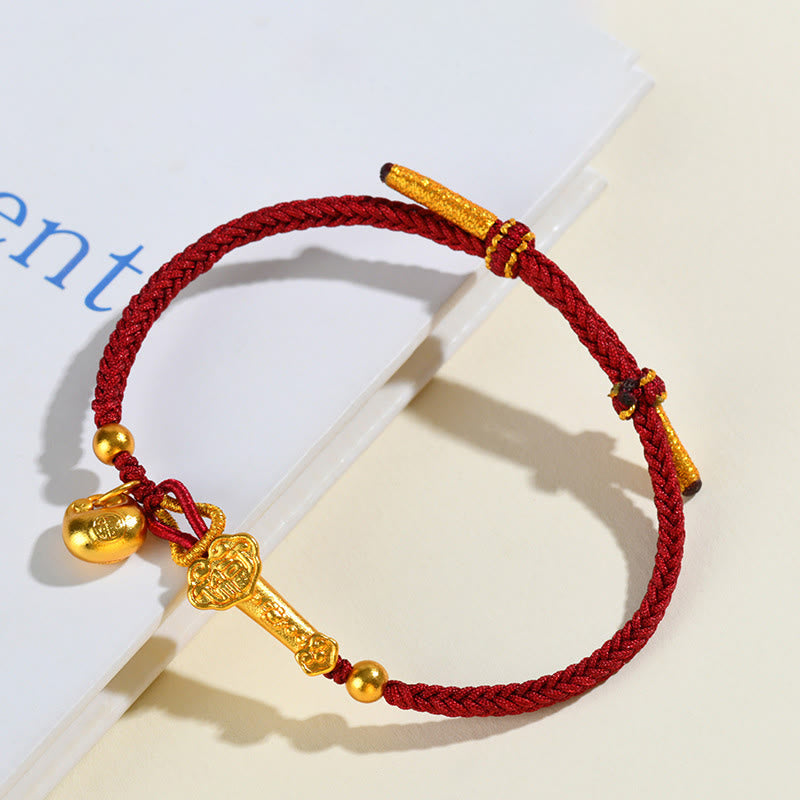 Gold Fu Sycee Ingot and Ruyi Braided Red String Bracelet