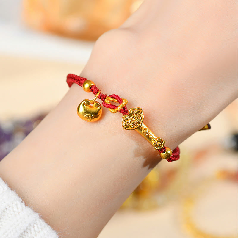 Gold Fu Sycee Ingot and Ruyi Braided Red String Bracelet