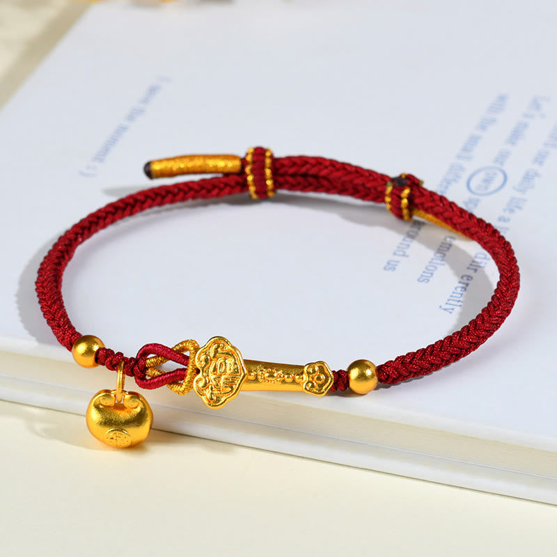Gold Fu Sycee Ingot and Ruyi Braided Red String Bracelet