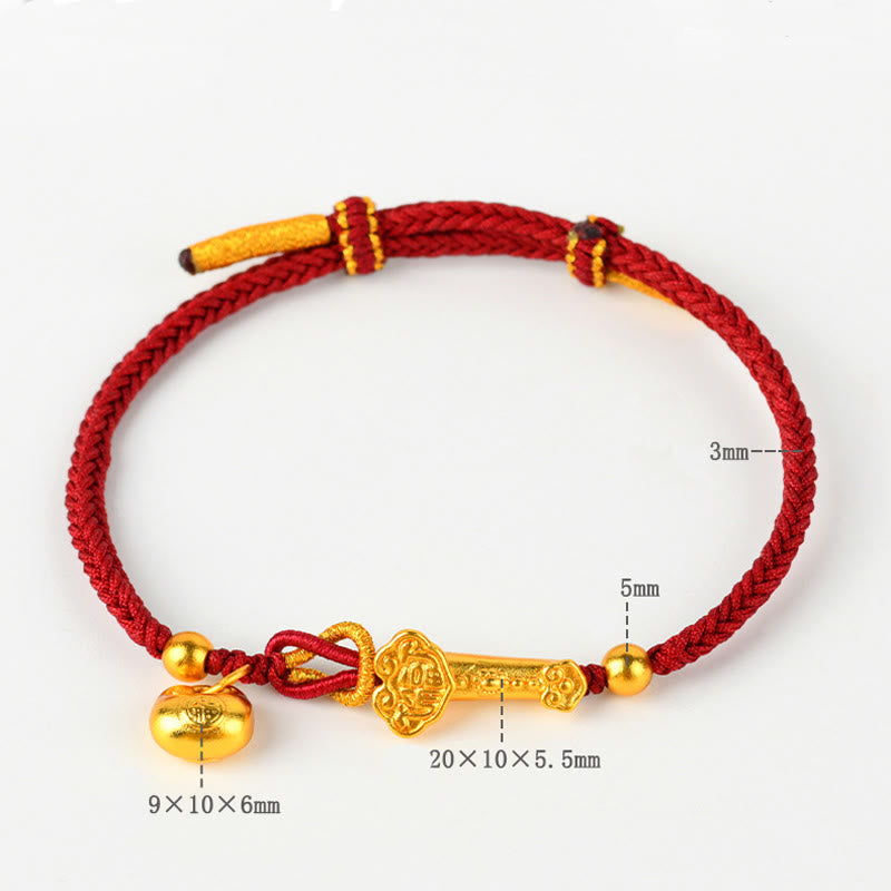 Gold Fu Sycee Ingot and Ruyi Braided Red String Bracelet