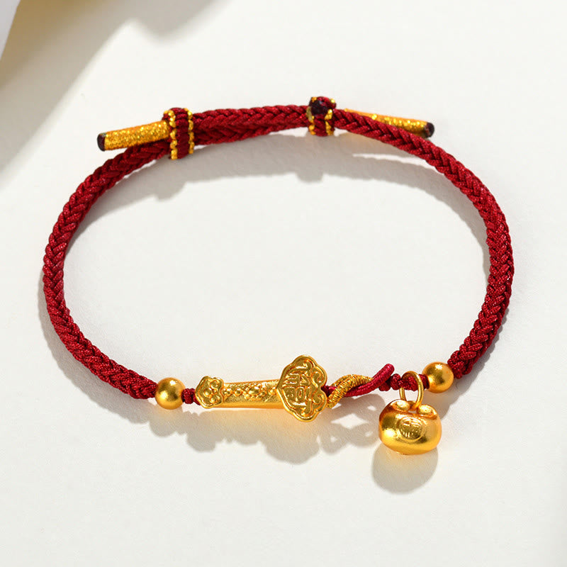 Gold Fu Sycee Ingot and Ruyi Braided Red String Bracelet