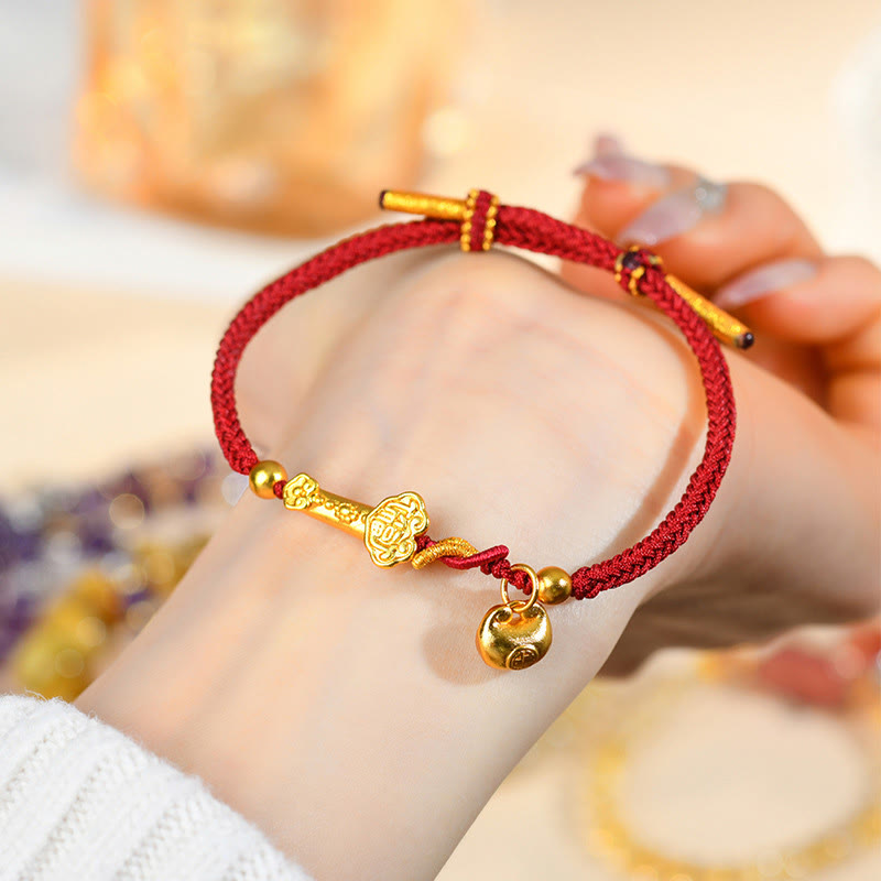 Gold Fu Sycee Ingot and Ruyi Braided Red String Bracelet