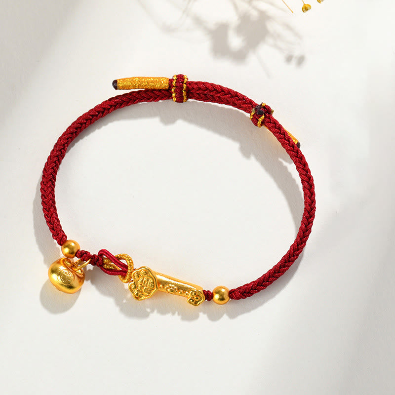 Gold Fu Sycee Ingot and Ruyi Braided Red String Bracelet