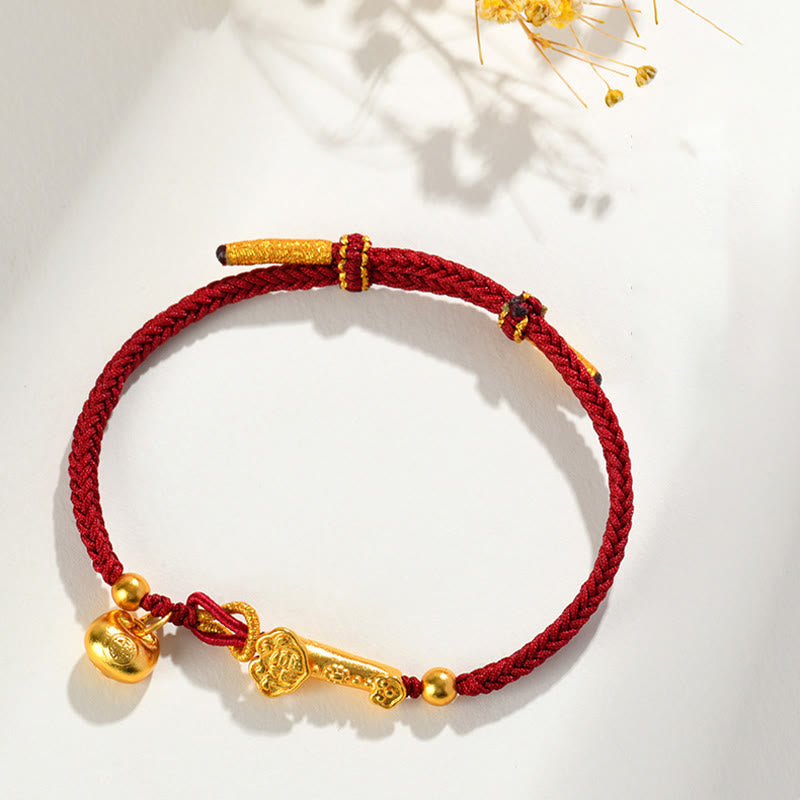 Gold Fu Sycee Ingot and Ruyi Braided Red String Bracelet
