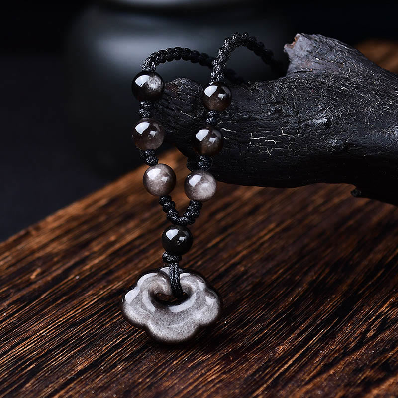 Natural Silver Sheen Obsidian Auspicious Clouds Protection Soothing Necklace Pendant