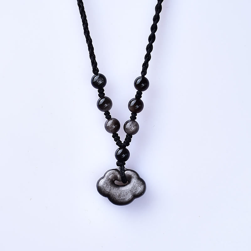 Natural Silver Sheen Obsidian Auspicious Clouds Protection Soothing Necklace Pendant