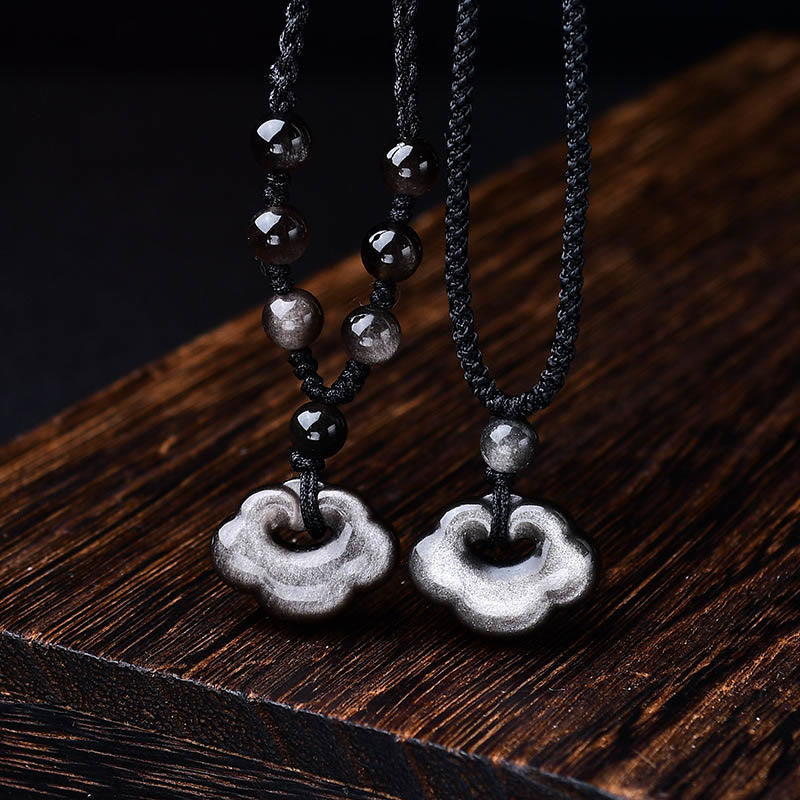 Natural Silver Sheen Obsidian Auspicious Clouds Protection Soothing Necklace Pendant