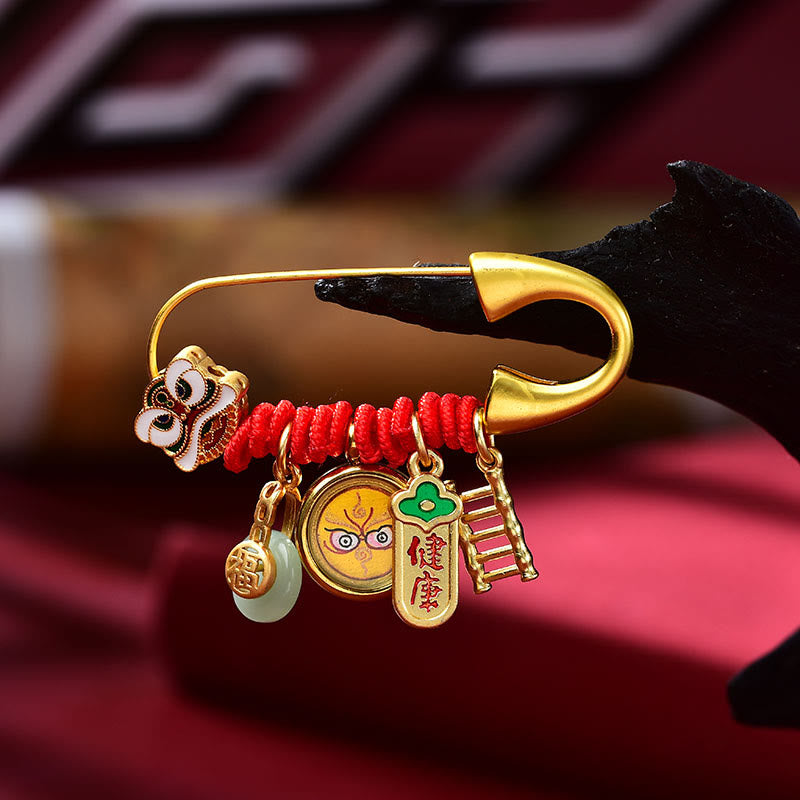 Tibetan Dancing Lion Jade Peace Buckle Fu Character Safe And Well Copper Luck Brooch