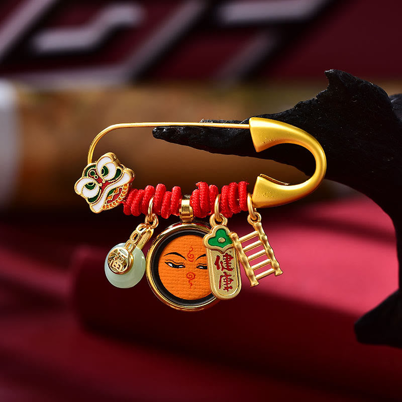 Tibetan Dancing Lion Jade Peace Buckle Fu Character Safe And Well Copper Luck Brooch