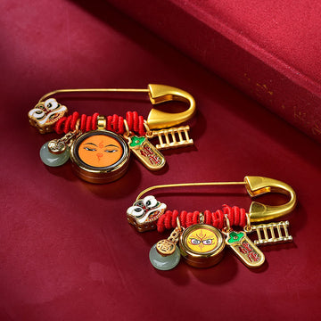 Tibetan Dancing Lion Jade Peace Buckle Fu Character Safe And Well Copper Luck Brooch