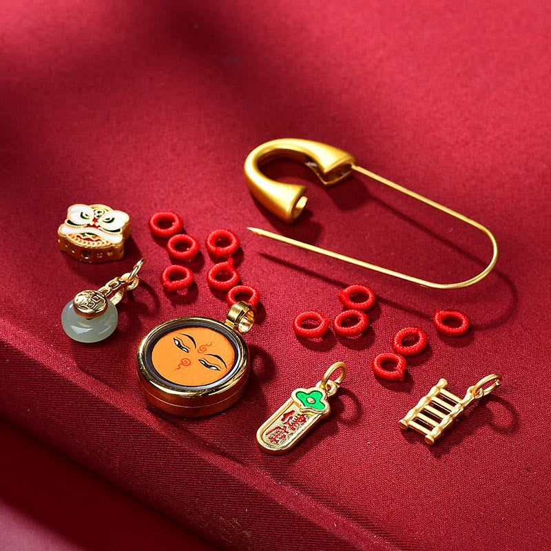 Tibetan Dancing Lion Jade Peace Buckle Fu Character Safe And Well Copper Luck Brooch