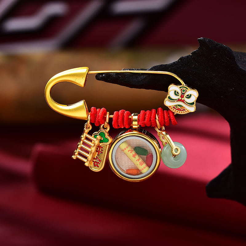 Tibetan Dancing Lion Jade Peace Buckle Fu Character Safe And Well Copper Luck Brooch