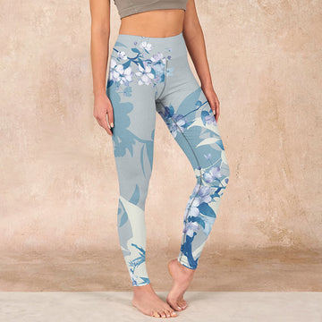 White Blue Flowers Print Gym Leggings Women's Yoga Pants